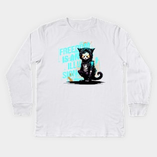 Cyberspace Cat Freedom is an Illusion Dark Background Kids Long Sleeve T-Shirt